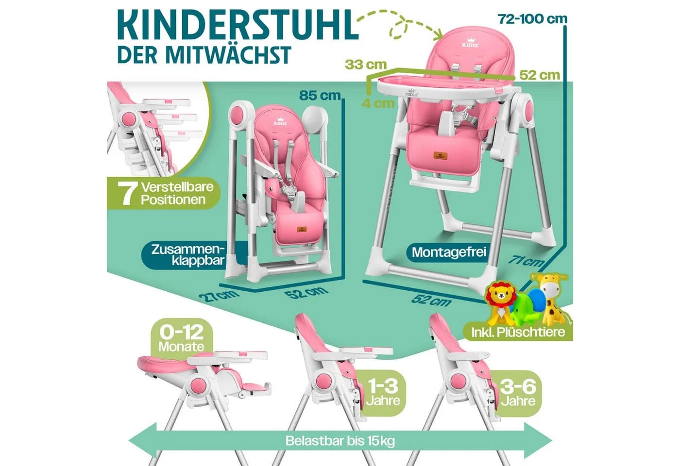 KIDIZ 3in1 Hochstuhl Kinderhochstuhl inkl. Spielbügel, Babyliege, Kombihochstuhl - Bild 2