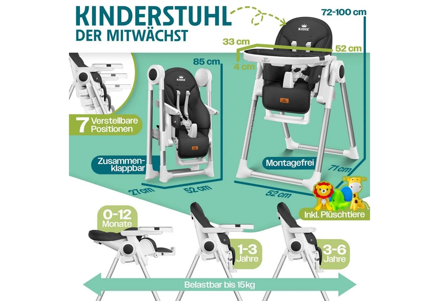 KIDIZ 3in1 Hochstuhl Kinderhochstuhl inkl. Spielbügel, Babyliege, Kombihochstuhl, 7 höhenverstellbar, Verstellbare Rückenlehne, Mitwachsend ab 0 Monate bis 6 Jahre - Bild 2