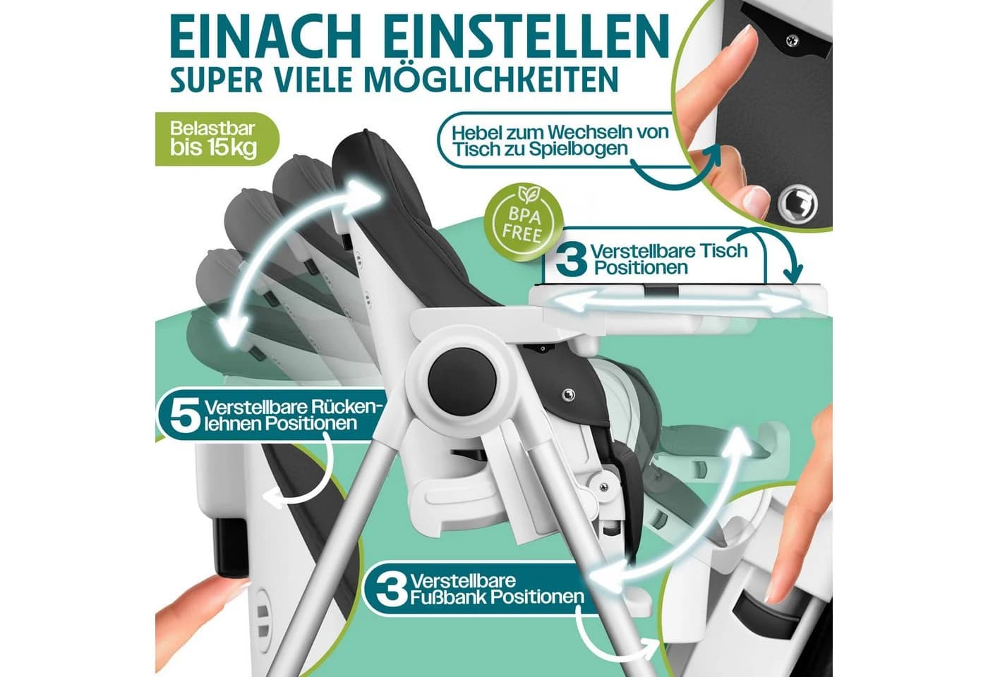 KIDIZ 3in1 Hochstuhl Kinderhochstuhl inkl. Spielbügel, Babyliege, Kombihochstuhl, 7 höhenverstellbar, Verstellbare Rückenlehne, Mitwachsend ab 0 Monate bis 6 Jahre - Bild 5