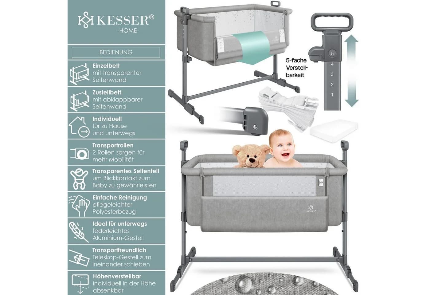 KESSER Kinderbett Hubi 3in1 Beistellbett Reisebett Grau - Bild 2