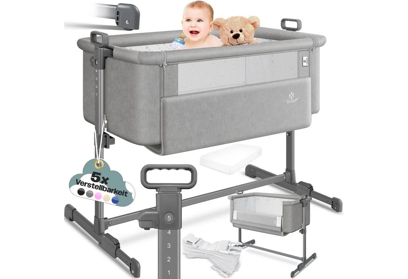 KESSER Kinderbett Hubi 3in1 Beistellbett Reisebett Grau - Bild 3