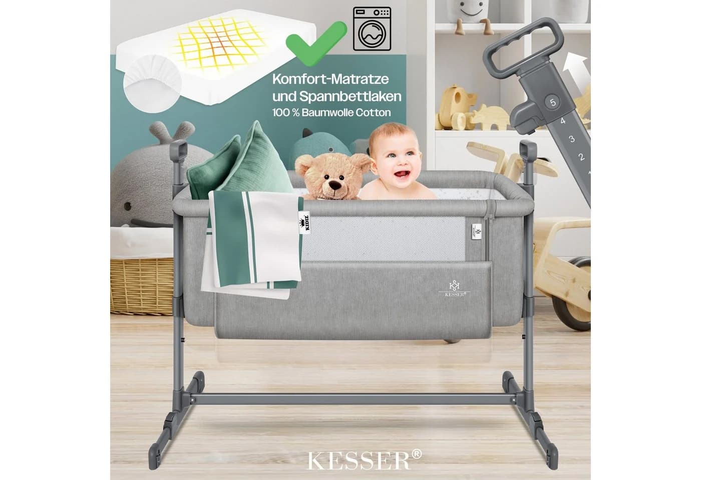 KESSER Kinderbett Hubi 3in1 Beistellbett Reisebett Grau - Bild 4
