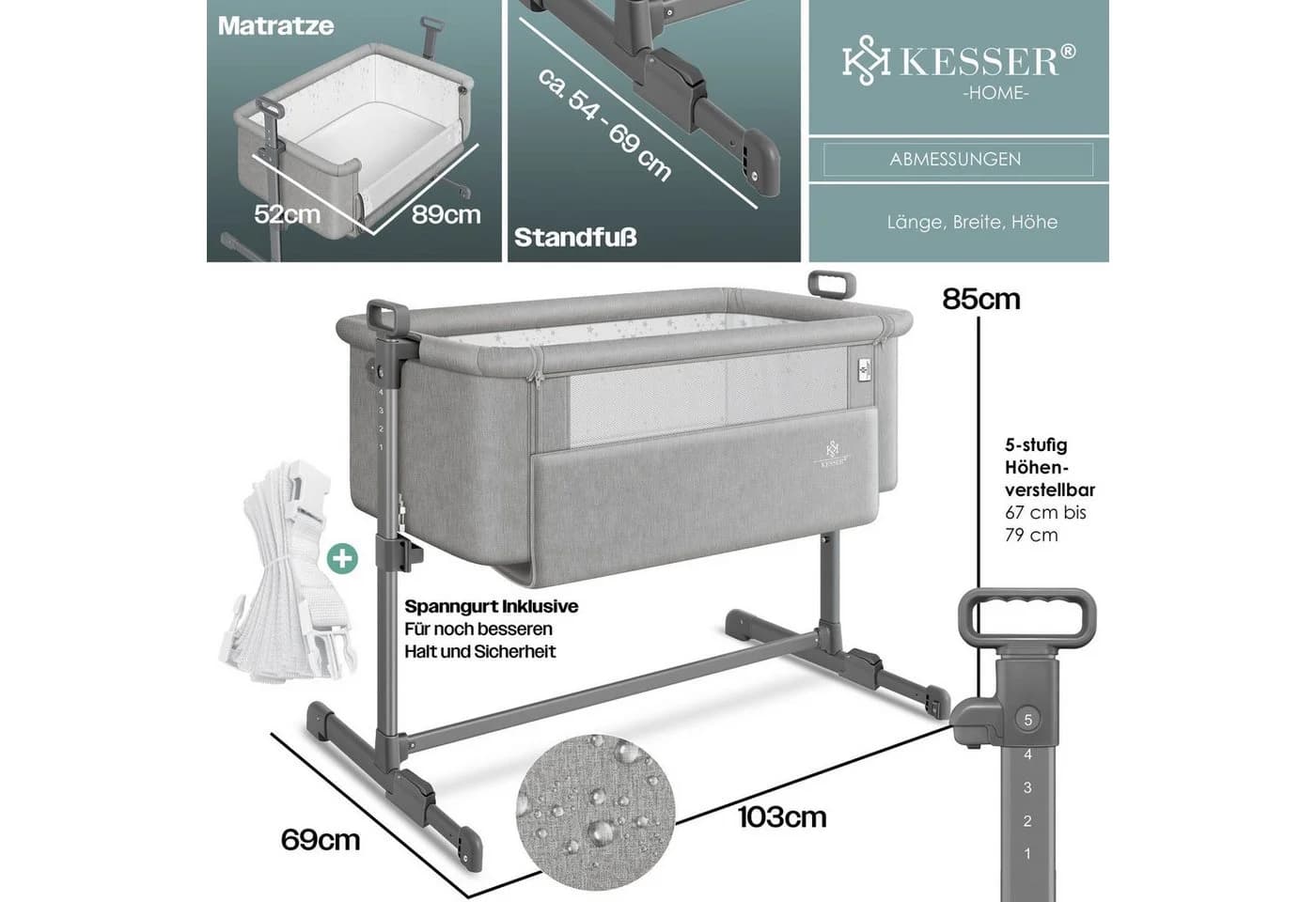 KESSER Kinderbett Hubi 3in1 Beistellbett Reisebett Grau - Bild 5