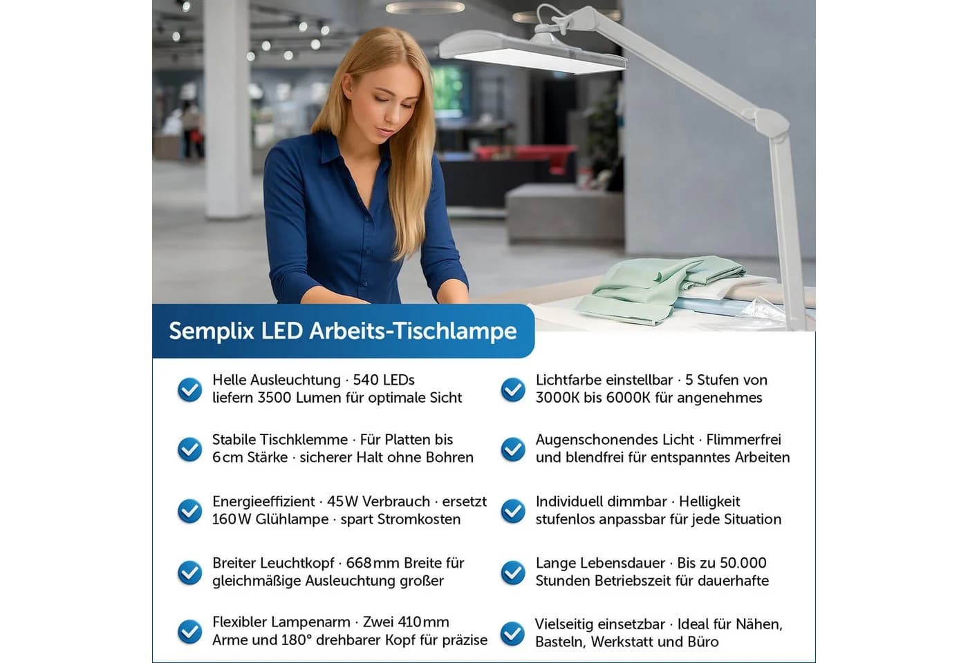 Semplix LED Arbeitslicht dimmbar mit Tischklemme weiß