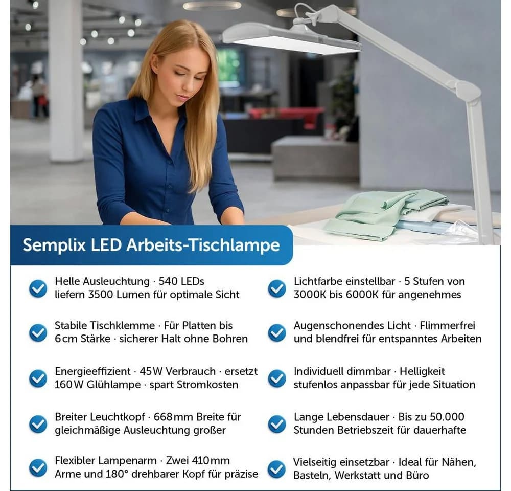 Semplix LED Arbeits-Tischlampe Schwarz Dimmbar Tischklemme