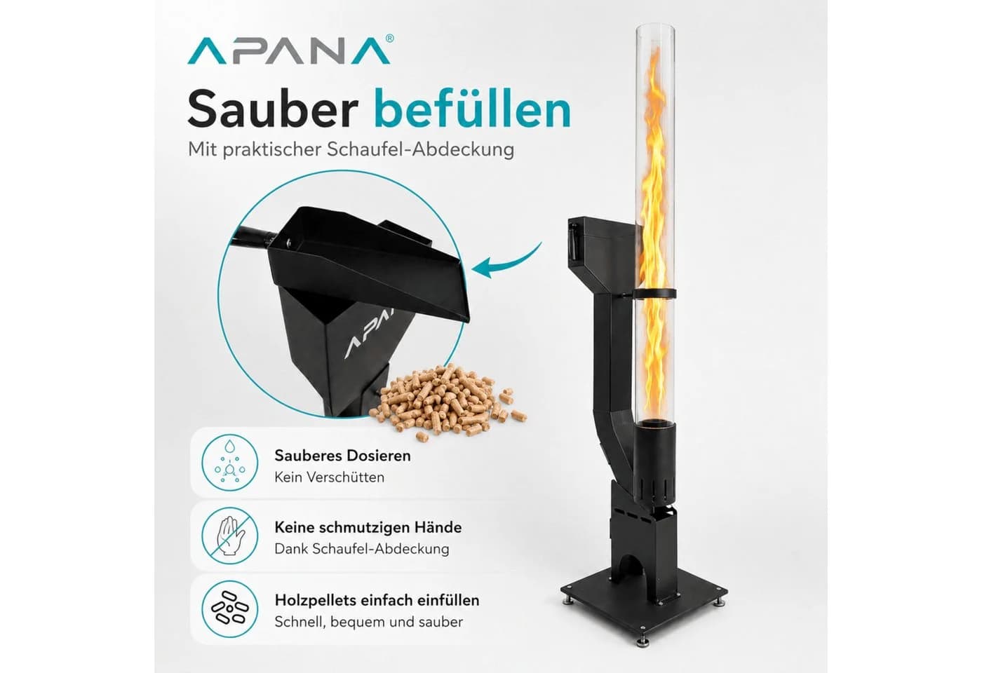 APANA Pelletfackel FLAME Heizstrahler Schwarz mit Glasröhre - Bild 3