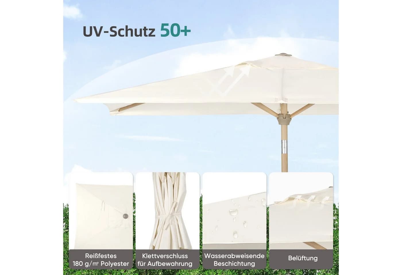 Sekey Sonnenschirm 210x140cm Aluminium Holzoptik mit Kurbel UV50+ - Bild 4