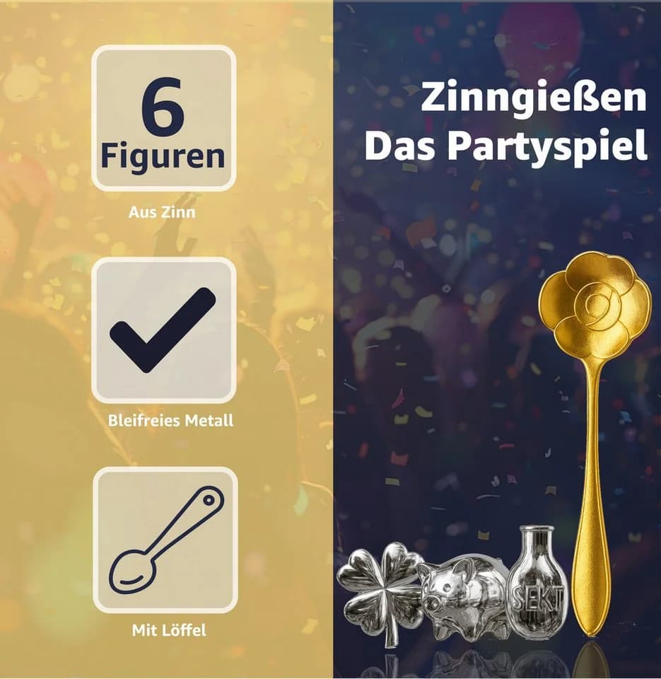 happy sparks® 6er Zinngießen Set - Alternative zu Bleigießen mit 6 Figuren & Löffel, Gesellschaftsspiel, ungiftig