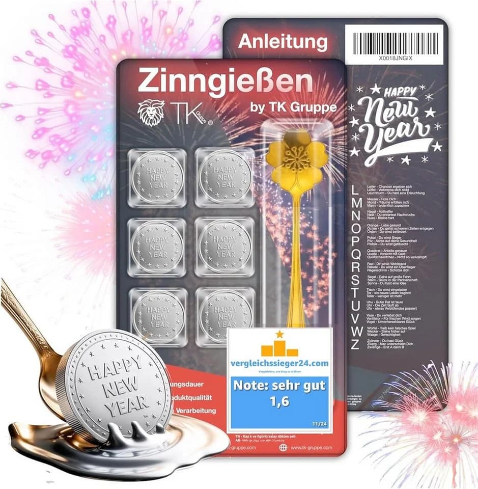 happy sparks® 6er Zinngießen Set - Alternative zu Bleigießen mit 6 Figuren & Löffel, Gesellschaftsspiel, ungiftig - Bild 2