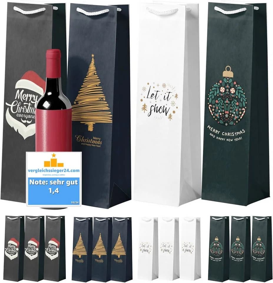 TK Gruppe 12x XXL Flaschentüten Weihnachtstaschen Geschenktüten Weintüte mit Geschenkanhänger - Bild 2