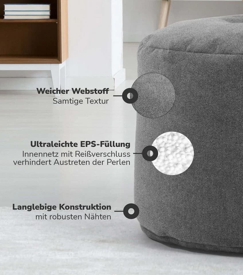 Grauer Webstoff-Pouf: Gemütlicher Sitzhocker & Fußstütze - Bild 4