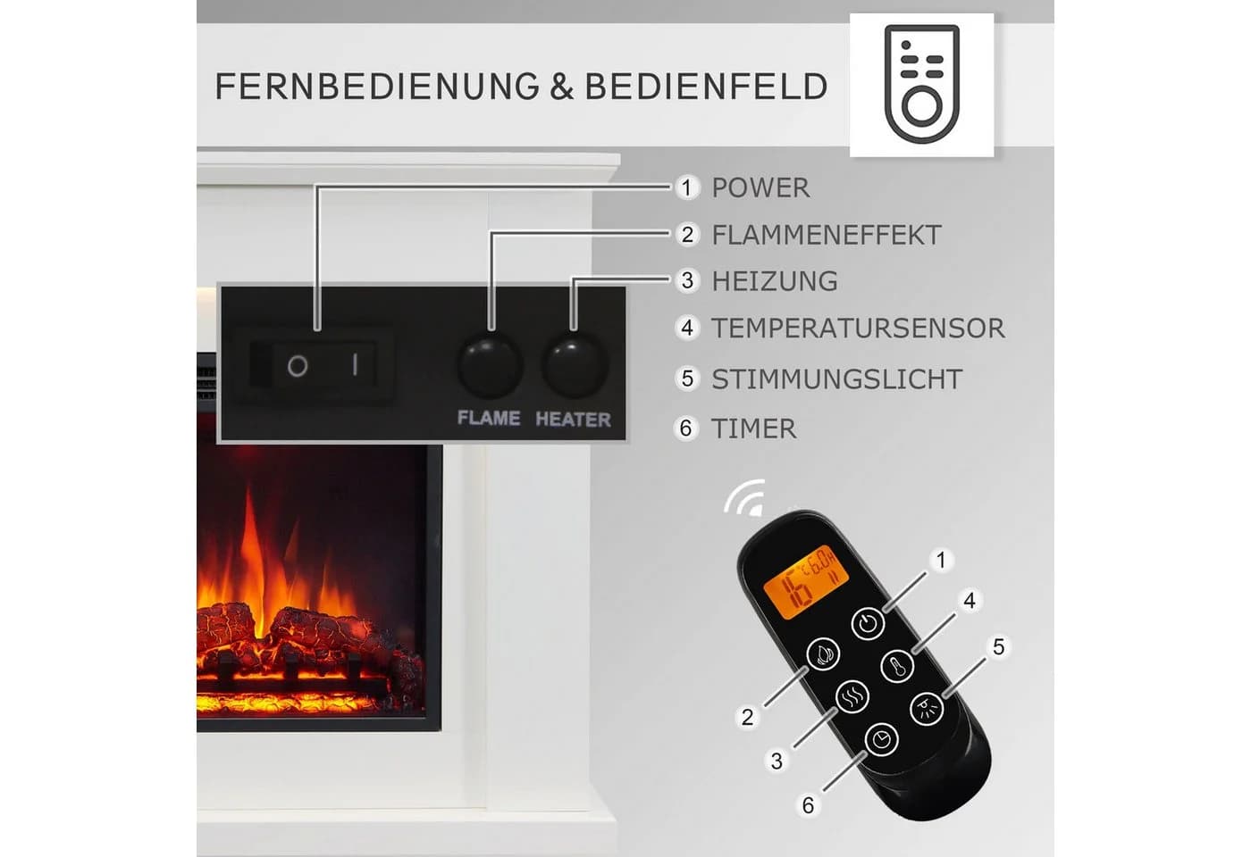 Balderia Elektrokamin Pandora Standkamin 3D Flamme 2000 W Weiß - Bild 5