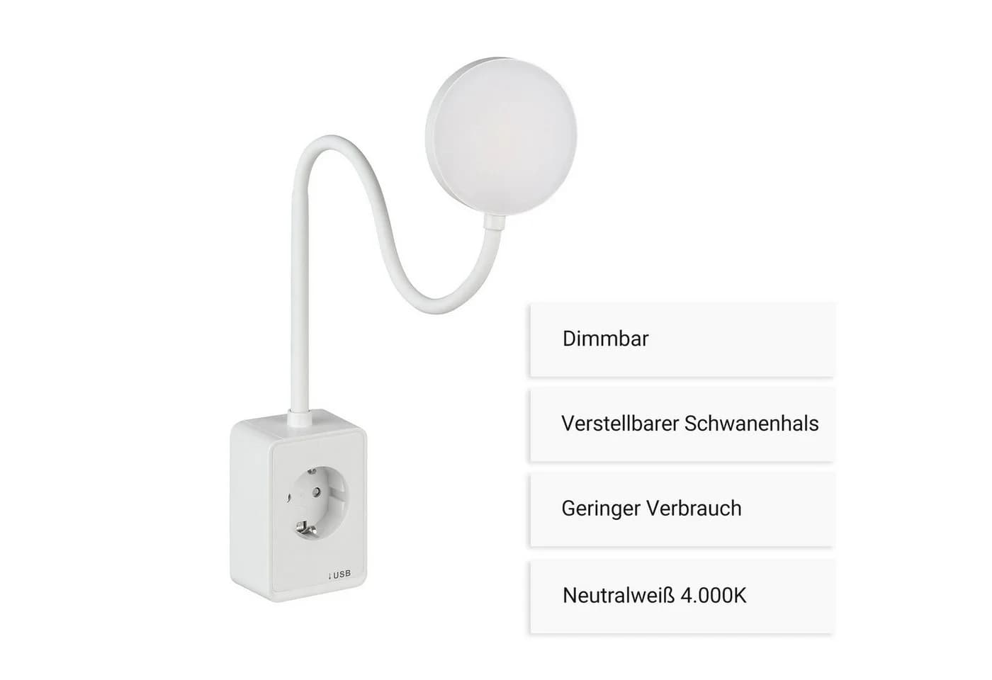 SEBSON LED Steckdosenleuchte dimmbar mit Flexarm und USB