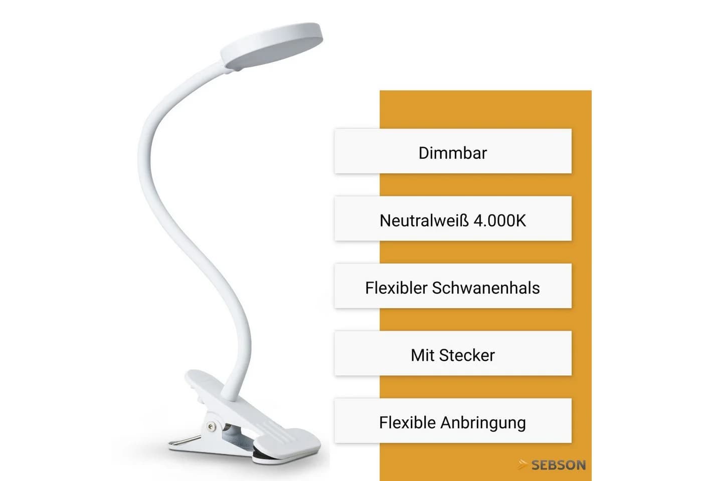 SEBSON LED Klemmlampe Bett 4W Neutralweiß Dimmbar