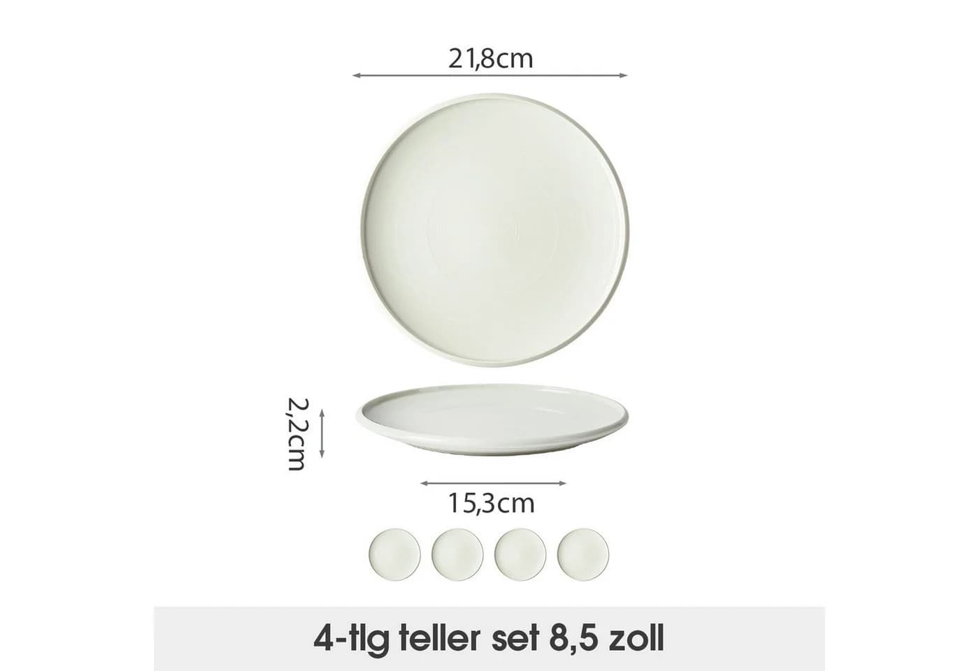 JIWOO Speiseteller 4er Ø21,8cm Weiß Keramik Tellerset