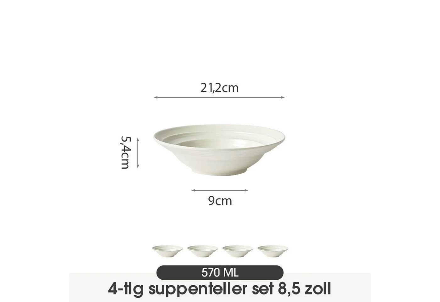 JIWOO Suppenteller 4er Weiß Keramik Ø21,2 cm