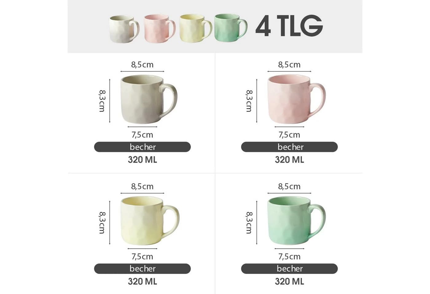 JIWOO Tassen-Set 4-teilig 320ml Keramik Skandinavisch Bunt