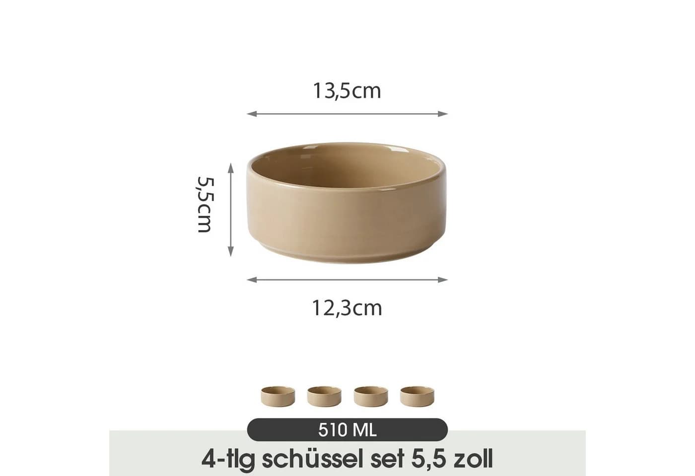 JIWOO Salatschüssel 4er Set Keramik Braun Ø13,5cm