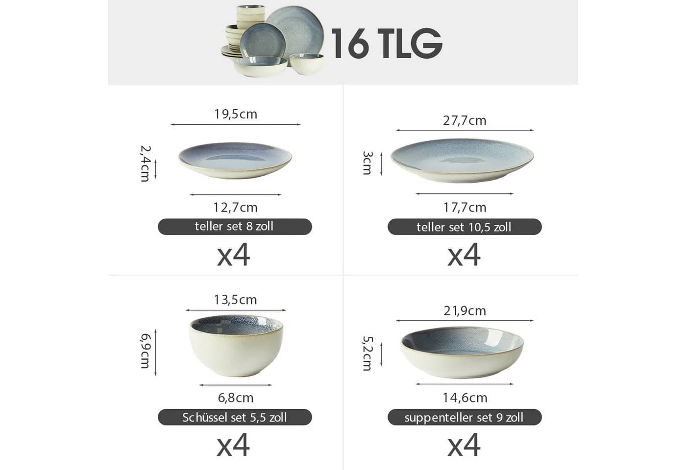 JIWOO Geschirr-Set 16-tlg. Blau Keramik
