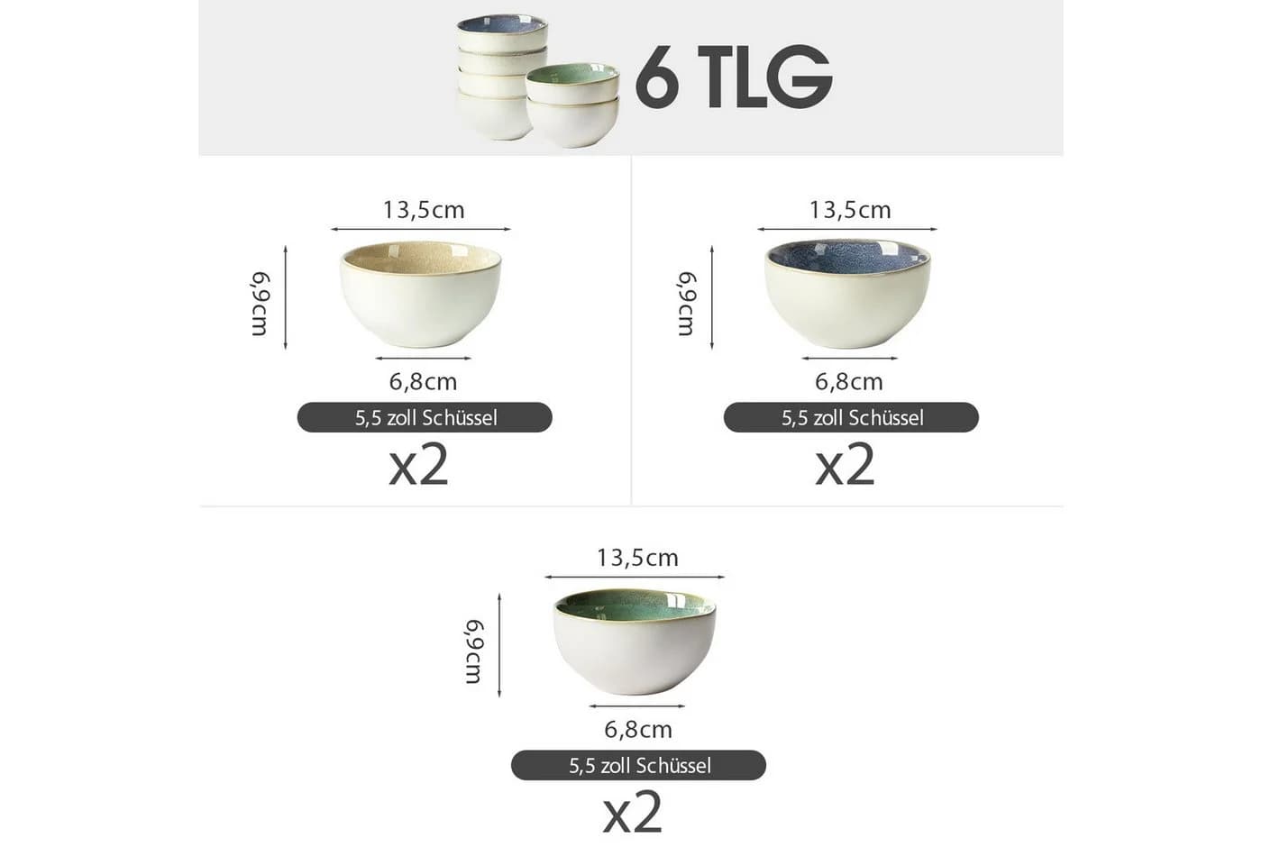 JIWOO Keramik Schüsselset 6-tlg. Bunt Ø13,5cm Mikrowellen- & spülmaschinenfest