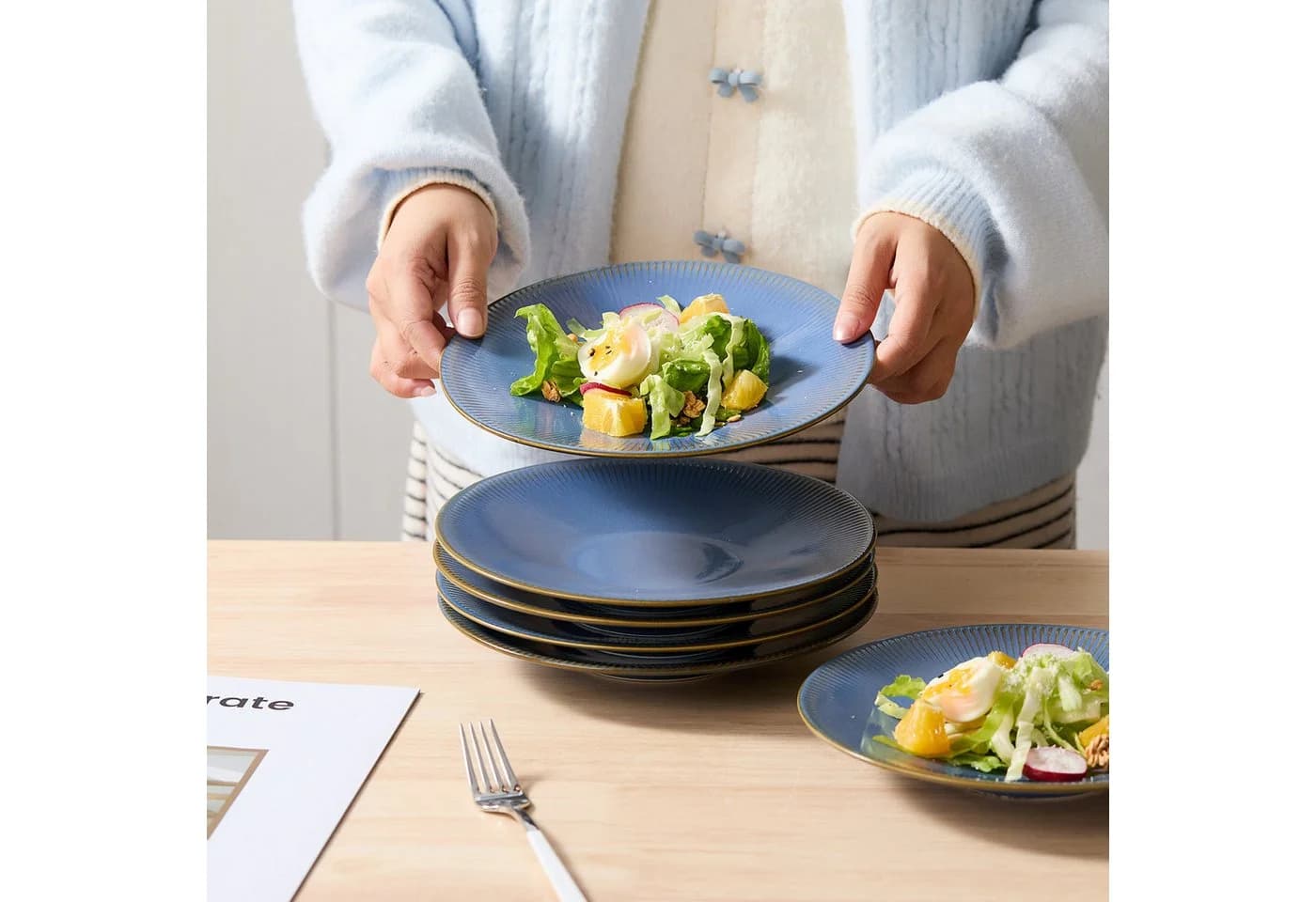 JIWOO Keramik-Tellerset 6-teilig Blau Ø21,7cm Mikrowellen- & spülmaschinenfest - Bild 3