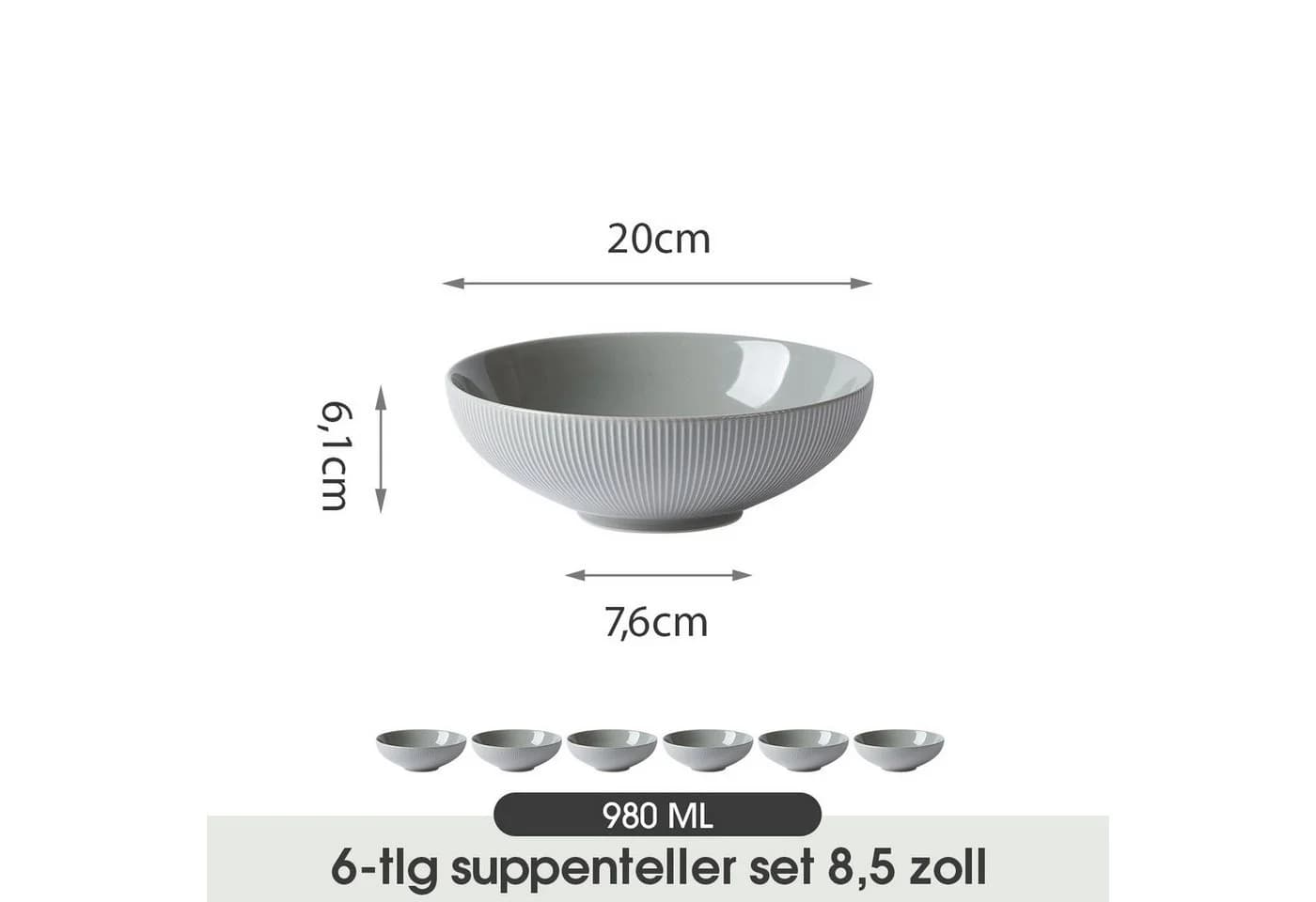 JIWOO Suppenteller 6er Set Grau Keramik Ø20cm Mikrowellenfest