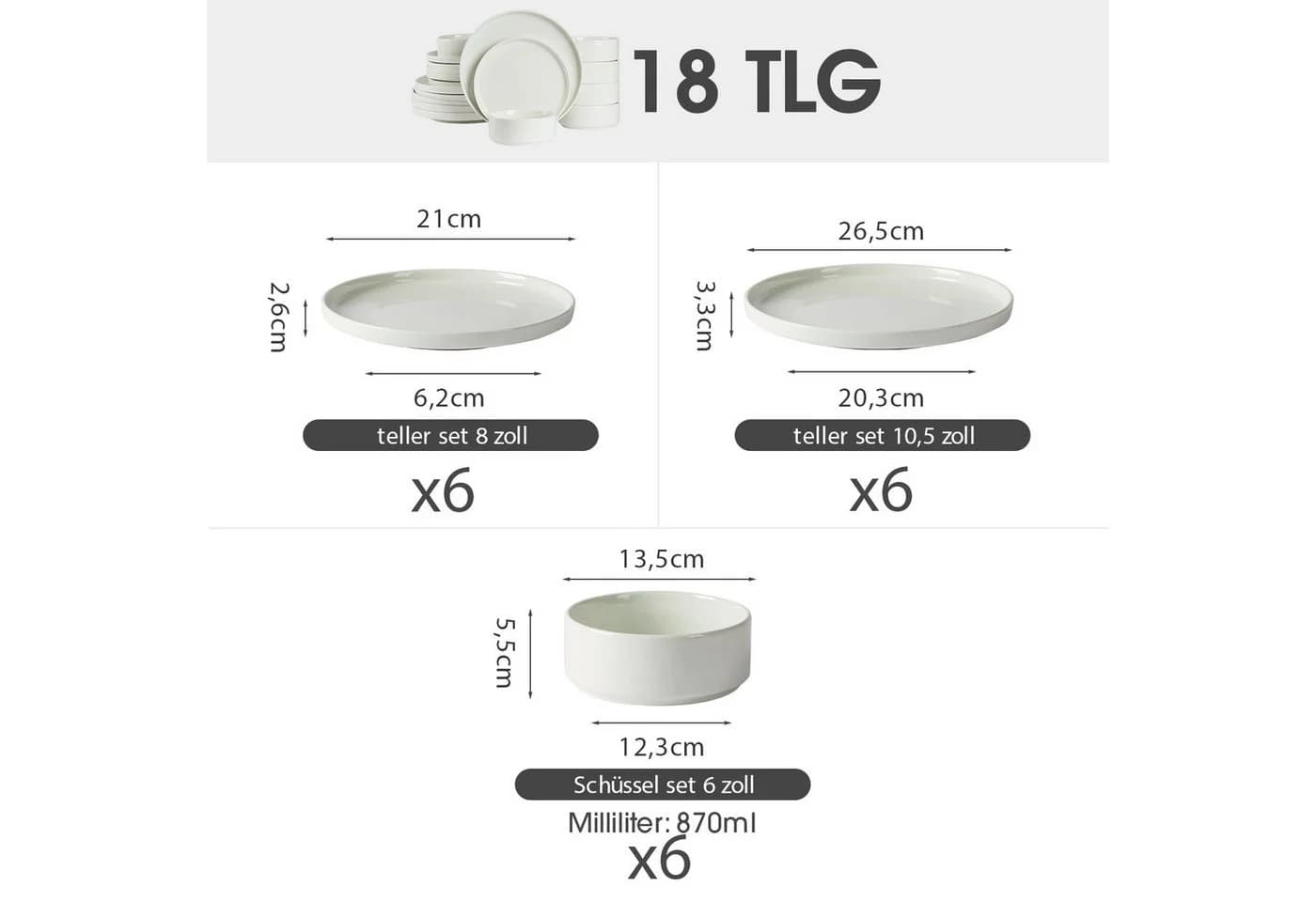 JIWOO Geschirr-Set 18-tlg. Weiß Keramik