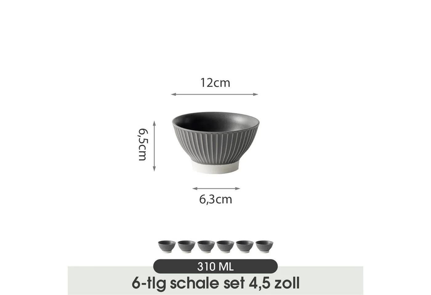 JIWOO Keramik Schale 6er Set Grau Ø12cm