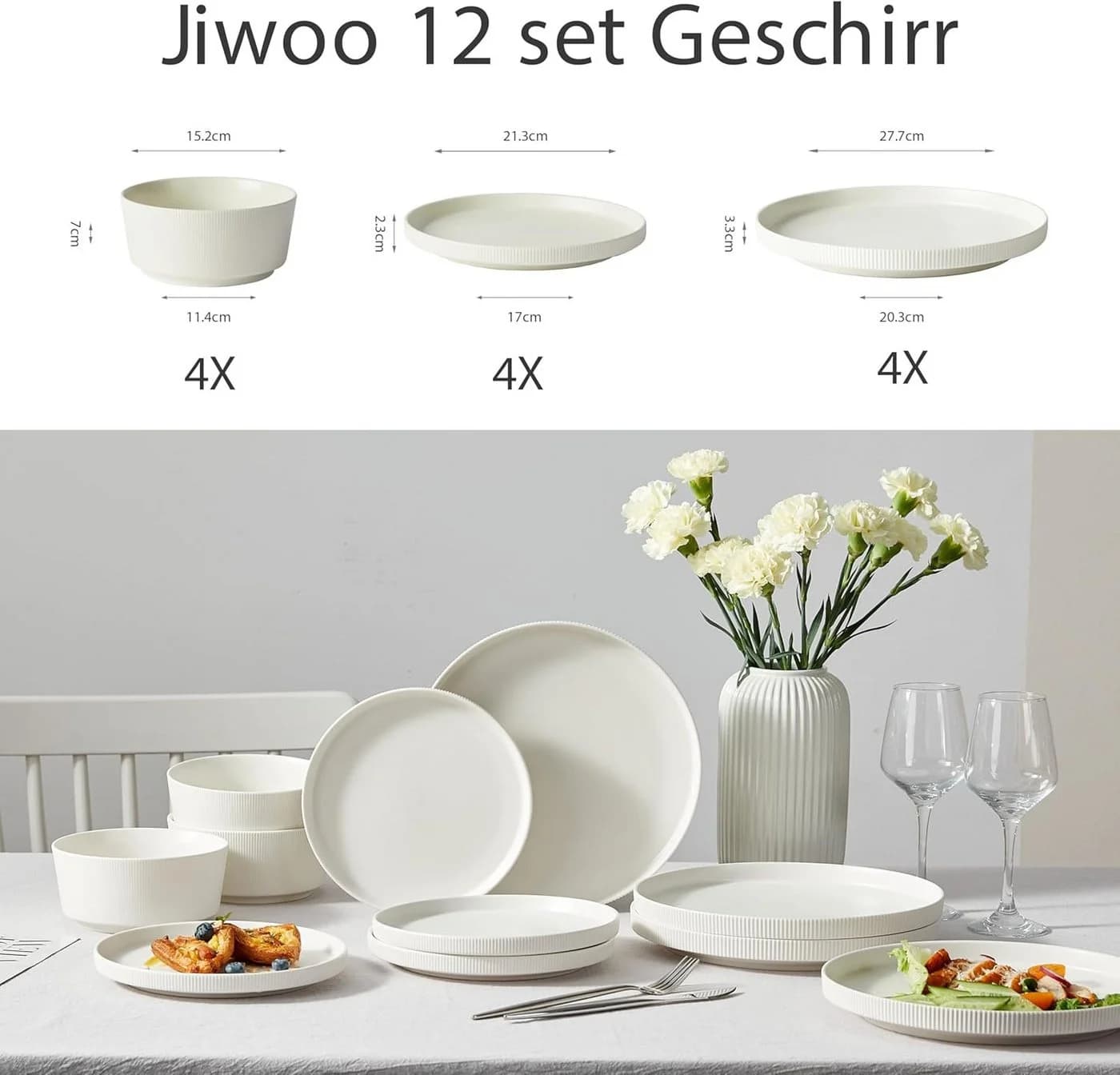 JIWOO Geschirr-Set 12tlg Weiß Keramik