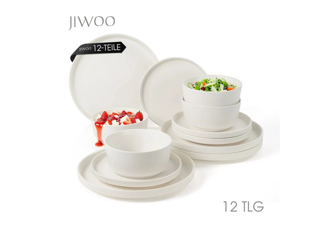 JIWOO Geschirr-Set 12tlg Weiß Keramik - Bild 2
