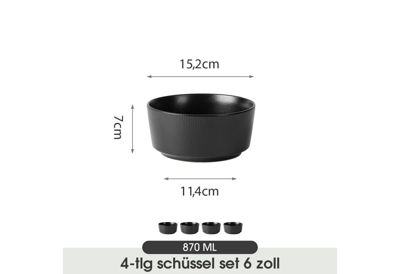 JIWOO Schüsselset 4-tlg. Schwarz Keramik Ø15,2cm