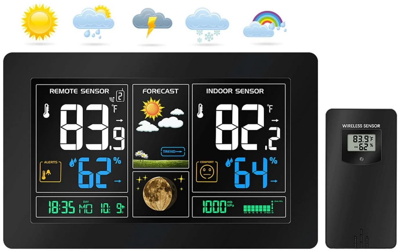 Echos Funkwetterstation LCD Farbdisplay Wettervorhersage Außensensor Schwarz - Bild 3