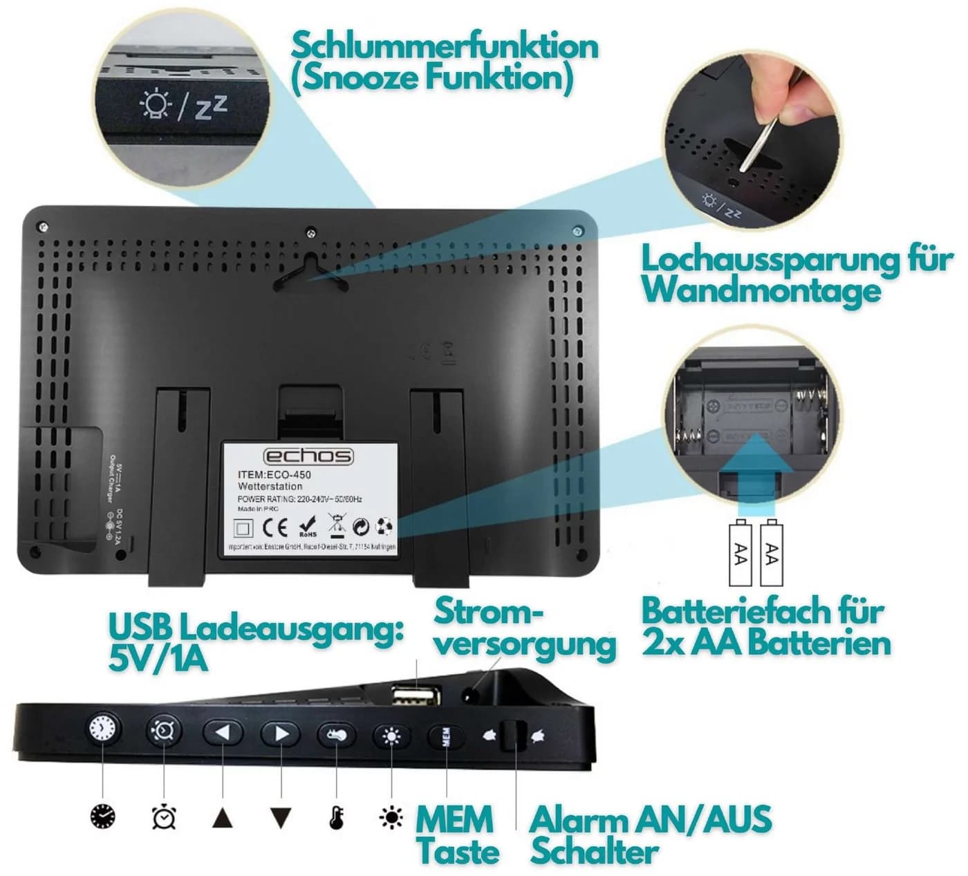 Echos Funkwetterstation LCD Farbdisplay Wettervorhersage Außensensor Schwarz - Bild 4