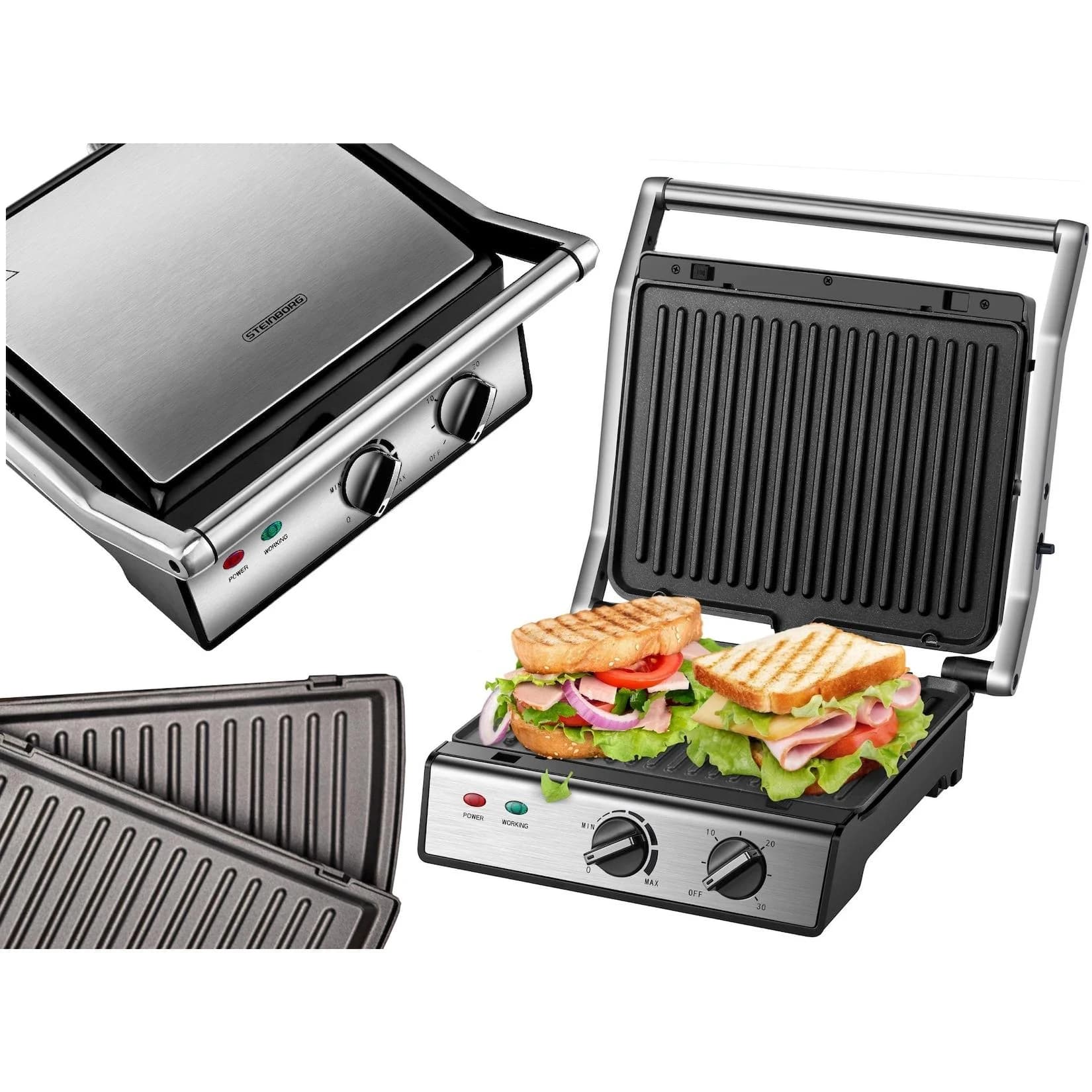Steinborg Kontaktgrill 180° mit Timer und Thermostat 2000W