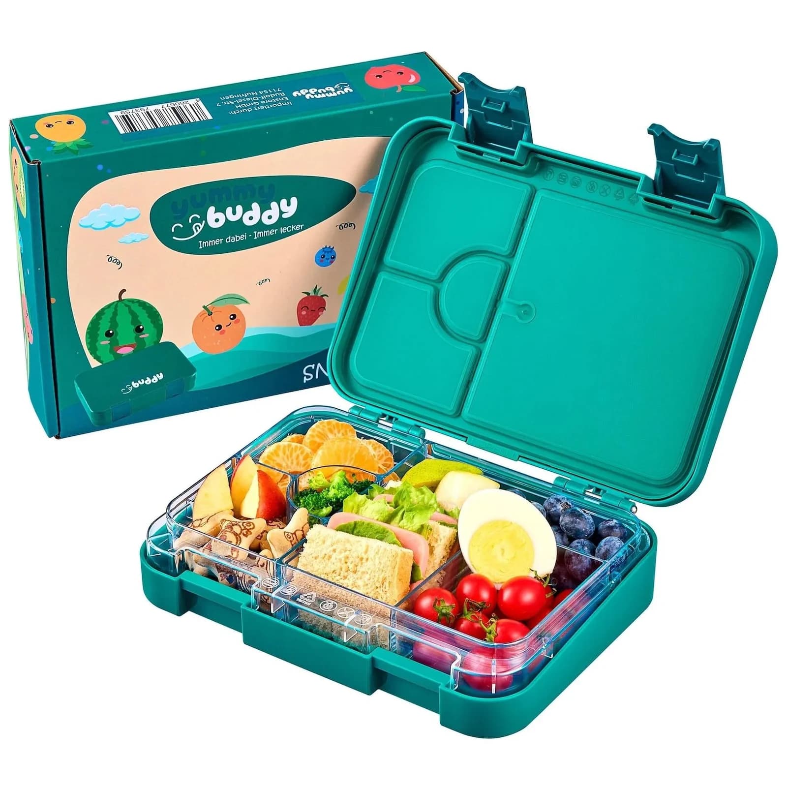 yummy buddy Kinder Brotdose 6 Fächer Klick-Verschluss BPA-Frei Petrol