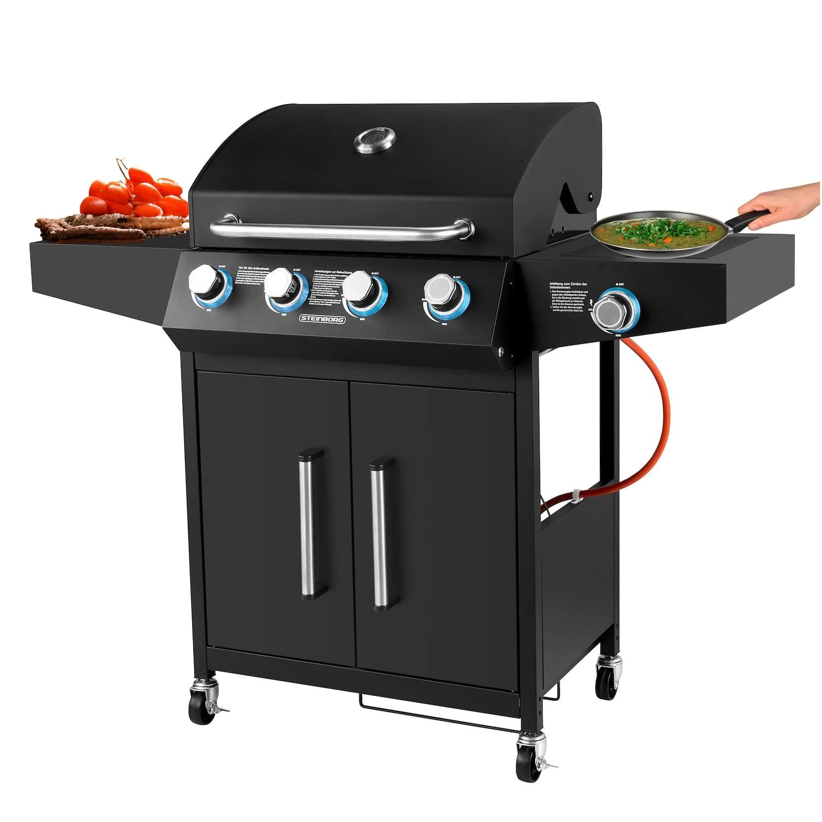 Steinborg Gasgrill 4 Brenner mit Seitenbrenner & Beleuchteten Drehknöpfen