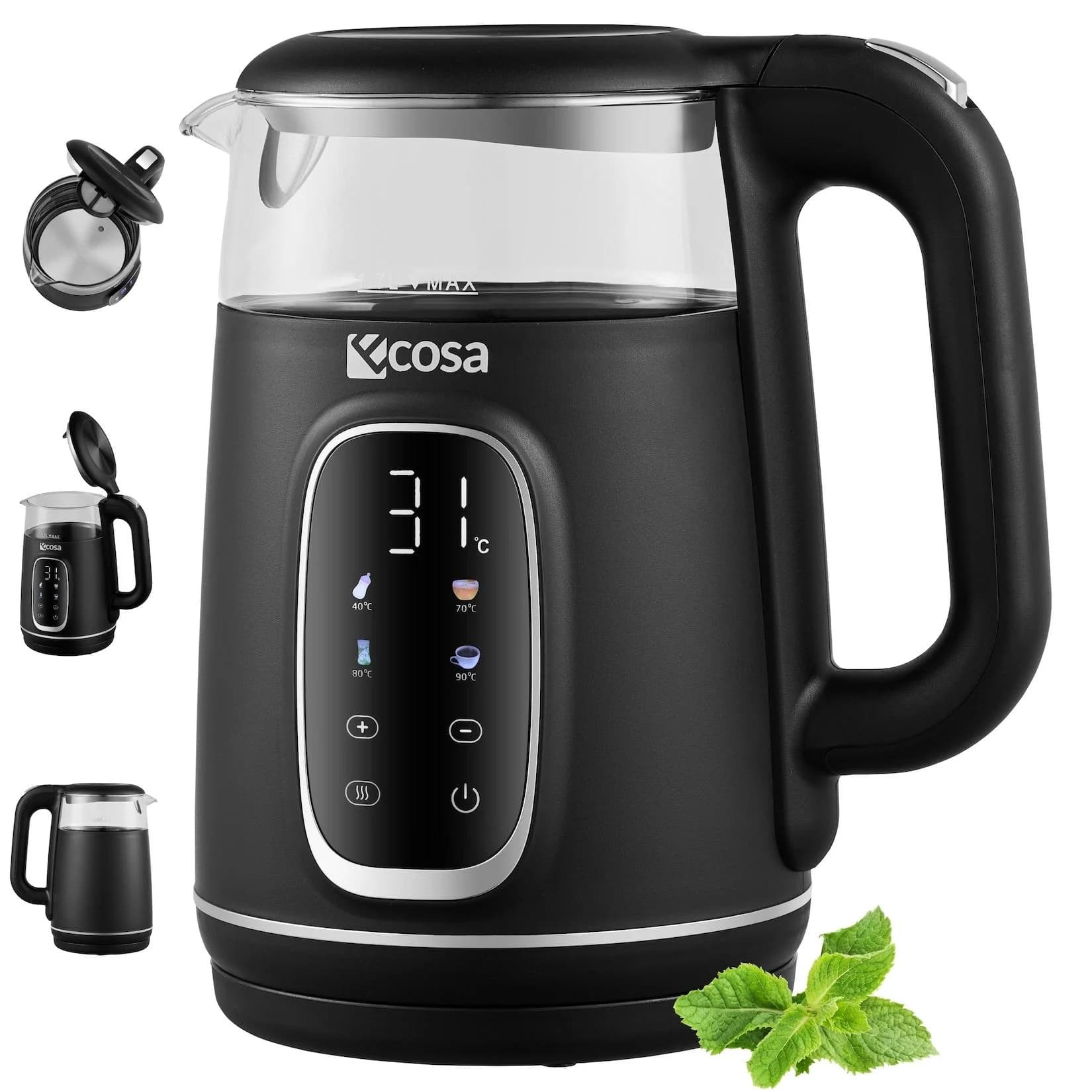 Ecosa Glas Wasserkocher mit Temperatursteuerung und Farb-Touchdisplay 1,7L Schwarz