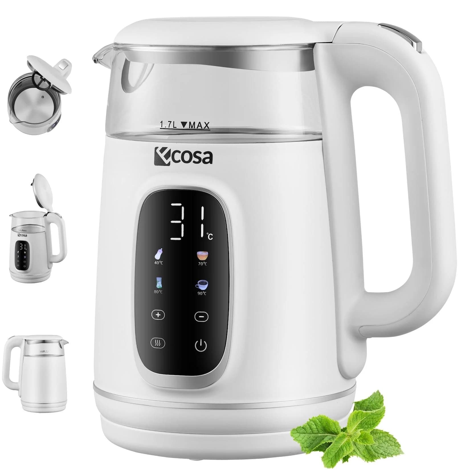Ecosa Glas Wasserkocher 1,7L 2200W Weiß mit Temperatursteuerung