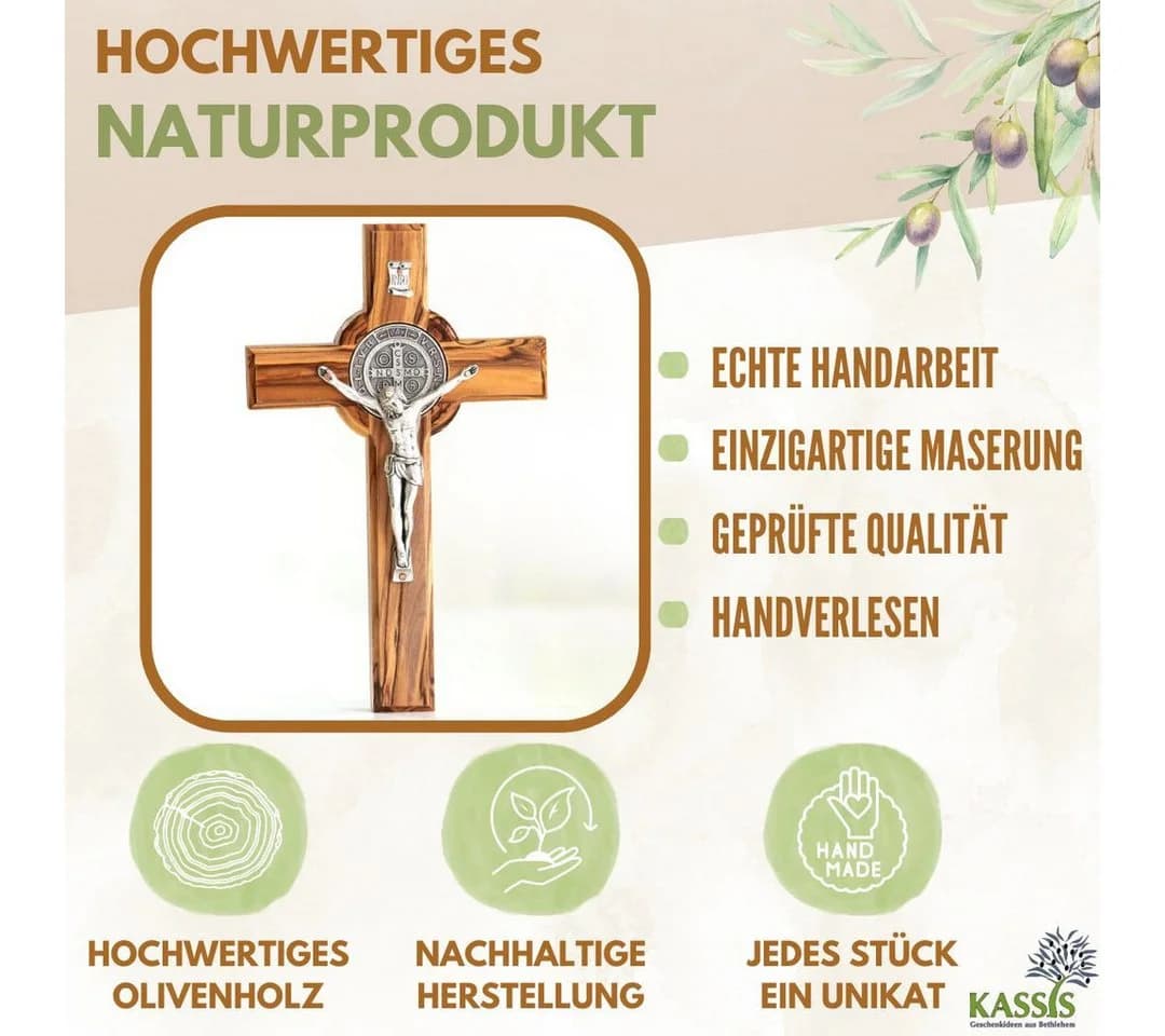 Kassis Wandkreuz St. Benedikt Olivenholz Handgefertigt