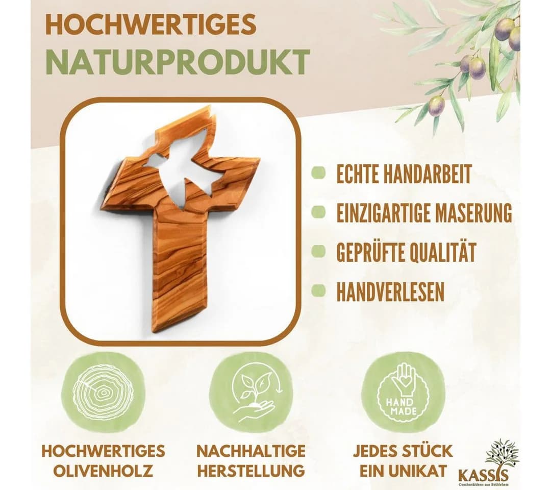 Kassis Geschenkartikel Wandkreuz Olivenholz Friedenstaube Handgefertigt