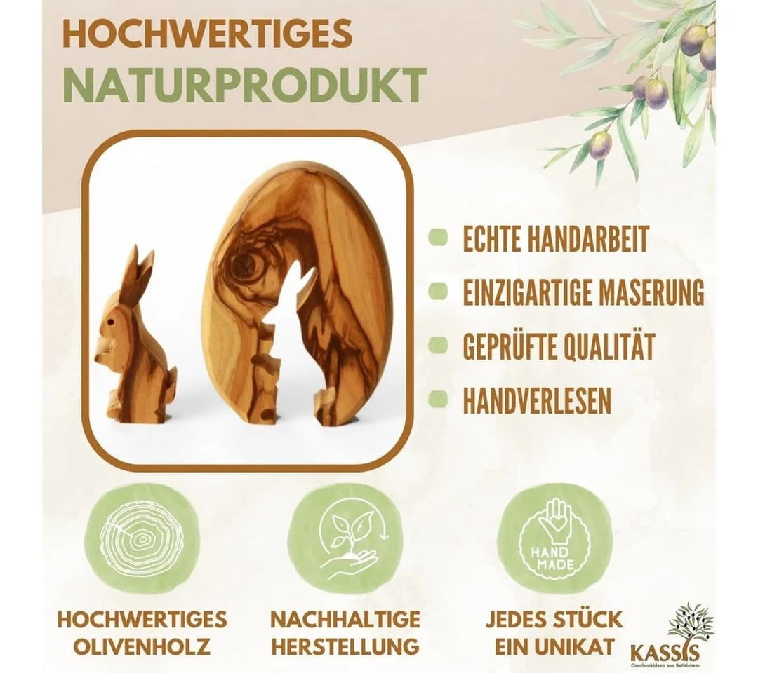 Kassis Osterfigur Osterhase im Ei aus Olivenholz, handgemacht, mit Rinde, Osterdeko, Holzdeko, umweltfreundlich, Naturprodukt, aus Bethlehem, Tischdeko