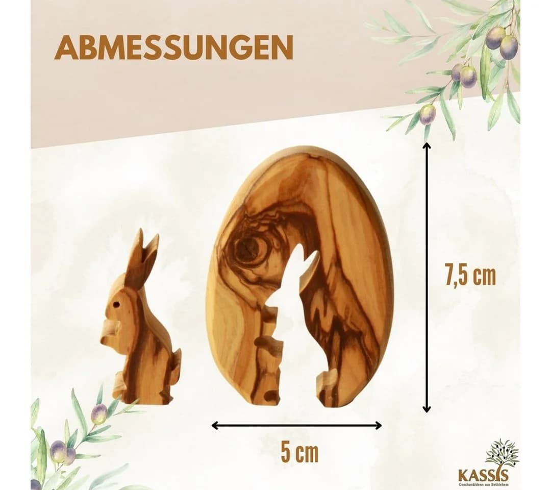 Kassis Osterfigur Osterhase im Ei aus Olivenholz, handgemacht, mit Rinde, Osterdeko, Holzdeko, umweltfreundlich, Naturprodukt, aus Bethlehem, Tischdeko - Bild 3