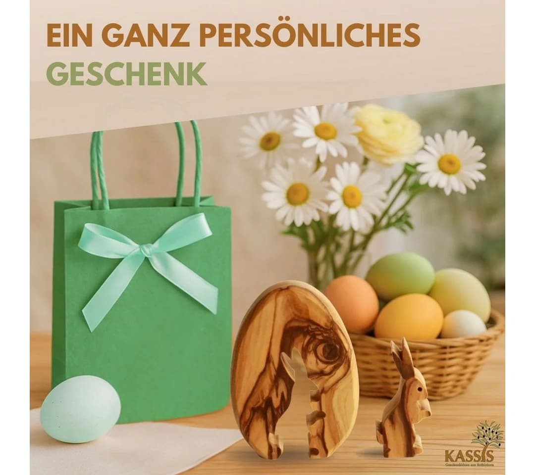 Kassis Osterfigur Osterhase im Ei aus Olivenholz, handgemacht, mit Rinde, Osterdeko, Holzdeko, umweltfreundlich, Naturprodukt, aus Bethlehem, Tischdeko - Bild 5