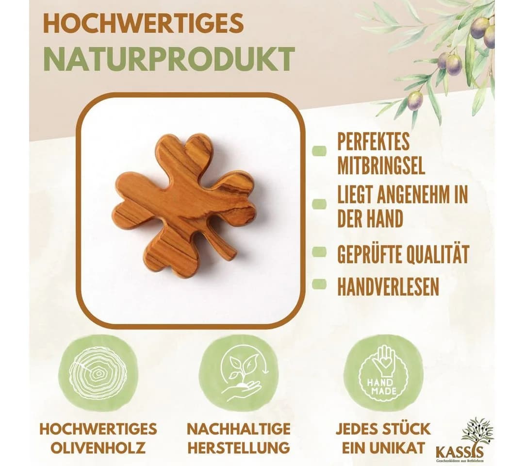 Kassis Geschenkartikel Olivenholz Kleeblatt Handschmeichler Glücksbringer