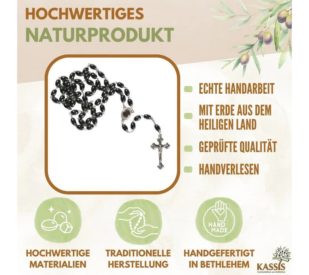 Kassis Rosenkranz mit ovalen Hämatitperlen, handgemacht, aus Bethlehem