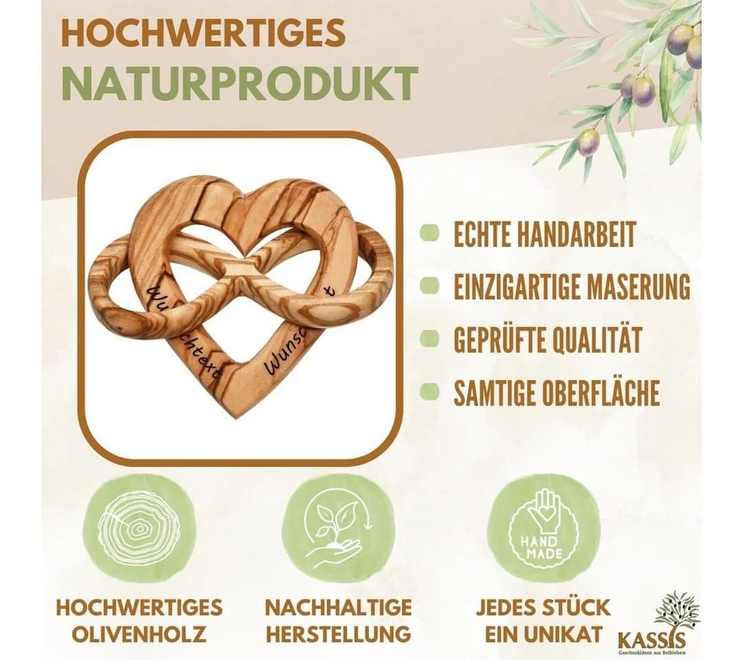 Kassis Dekoobjekt Olivenholz Herz mit Unendlichkeitssymbol