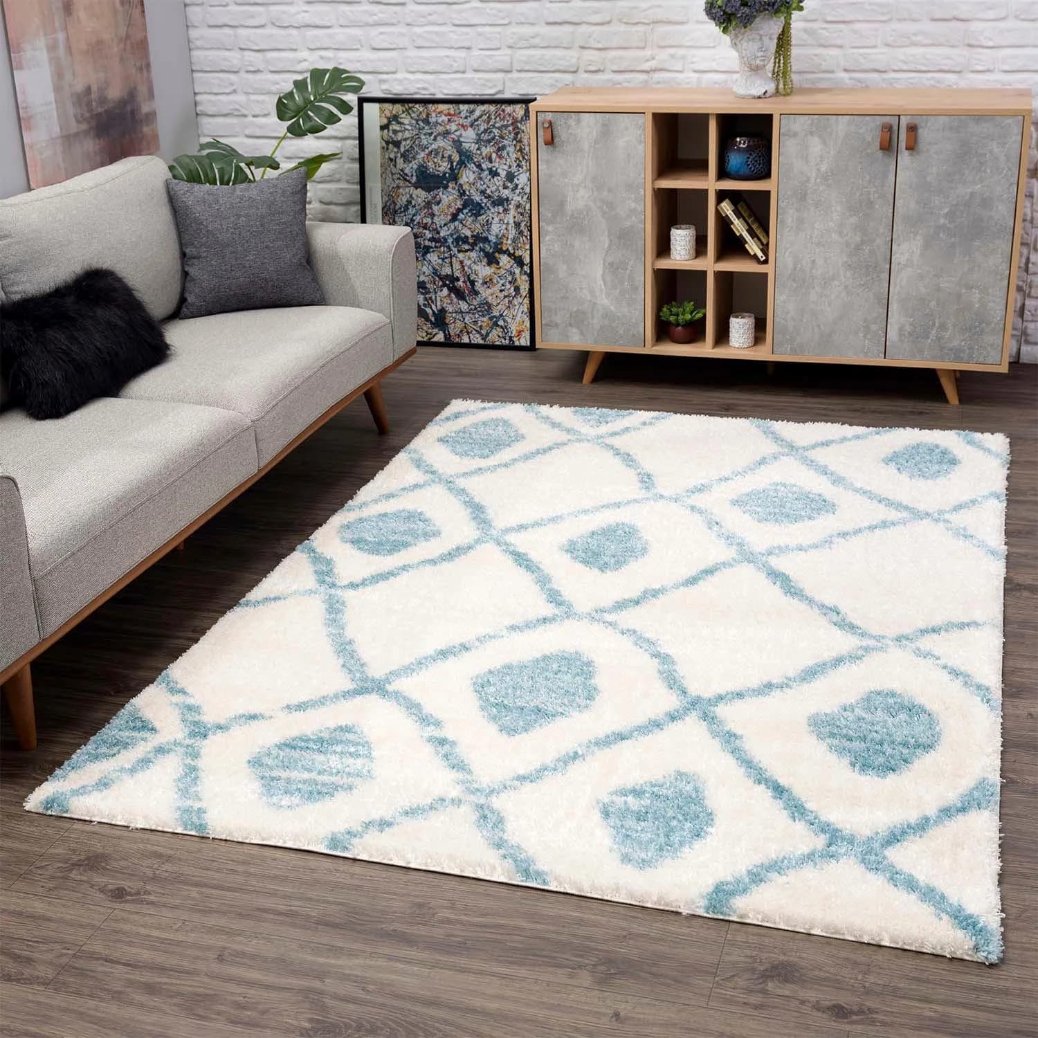 Carpet City Hochflor-Teppich Pulpy 563 Blau Creme Ethno Look