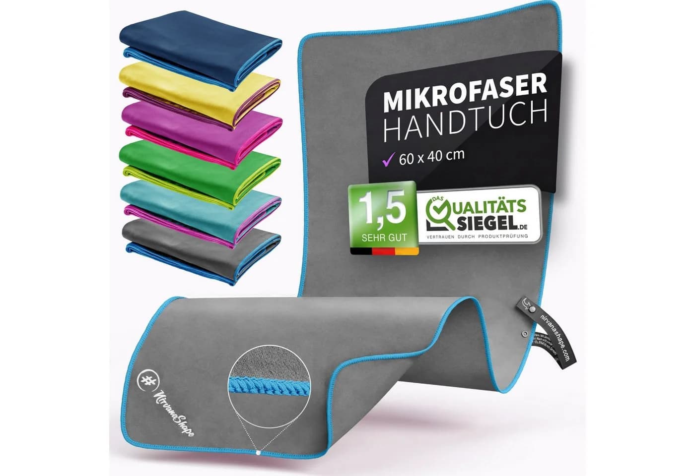 NirvanaShape Mikrofaser Reisehandtuch Grau/Blau mit Ecktasche - Bild 2