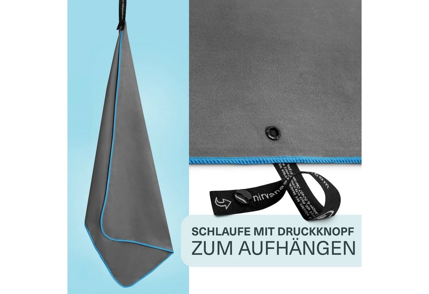 NirvanaShape Mikrofaser Reisehandtuch Grau/Blau mit Ecktasche - Bild 4