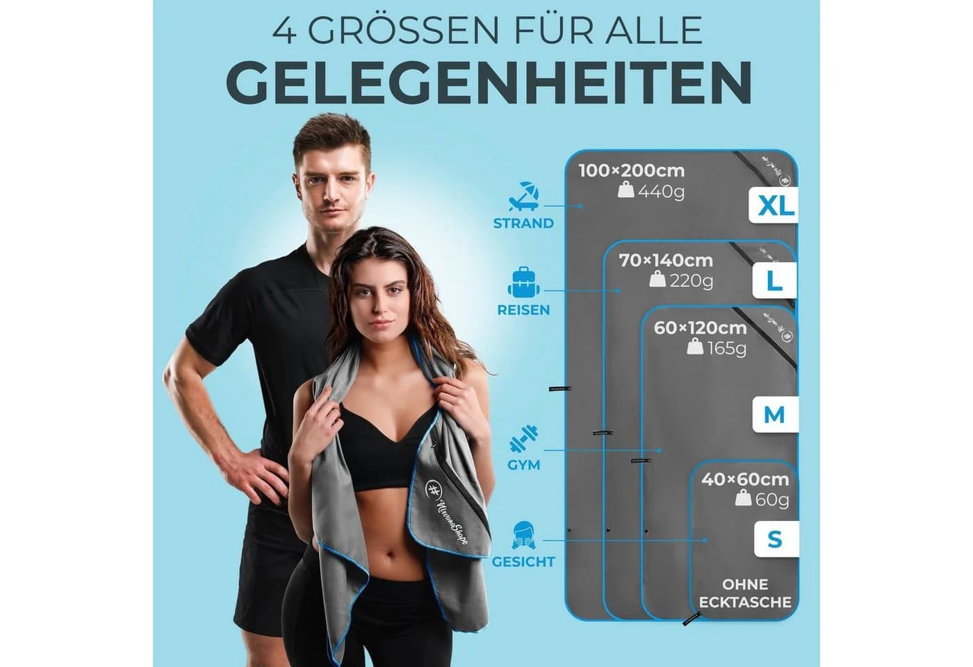 NirvanaShape Mikrofaser Sporthandtuch Grau/Blau Rand - Bild 5